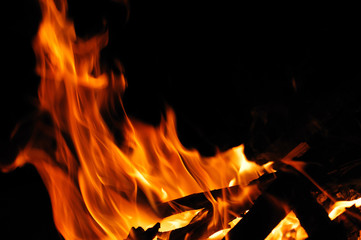 burning firewood and fire flame at night