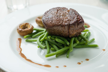 Delicious sirloin steak with green beans