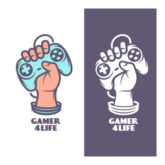Gamer for life t-shirt design. Hand with joystick. Vector vintage illustration. © chelovector