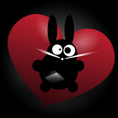 Toy bunny with big eyes. Red heart. Vector