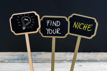 Concept message FIND YOUR NICHE and light bulb as symbol for idea