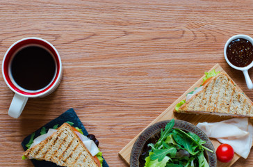 Top view of Healthy Sandwich, on a wooden background