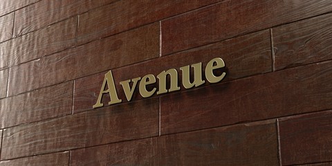 Avenue - Bronze plaque mounted on maple wood wall  - 3D rendered royalty free stock picture. This image can be used for an online website banner ad or a print postcard.