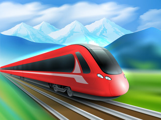Speed Train Mountains Background Realistic Poster