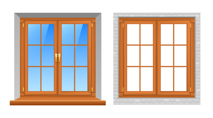 Wooden Windows Indoor Outdoor Realistic Icons 