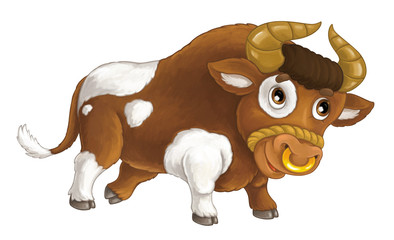 Cartoon happy farm animal - cheerful bull is running smiling and looking - artistic style - isolated - illustration for children