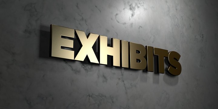 Exhibits - Gold sign mounted on glossy marble wall  - 3D rendered royalty free stock illustration. This image can be used for an online website banner ad or a print postcard.