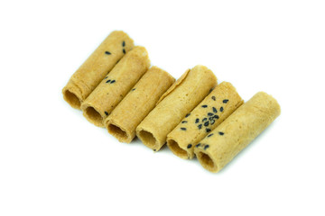 Coconut roll with black sesame Thai snack isolated on white back