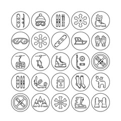 Fototapeta premium Vector linear icons set of symbols denoting the various types of winter recreation and pastimes such as skiing, snowboarding, skating. The types of winter recreation.