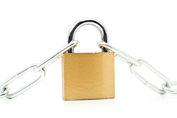 Brass padlock connecting two chains over white background
