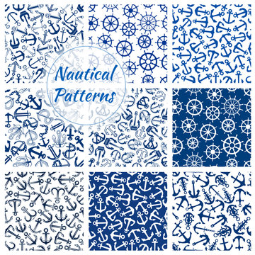 Nautical helm and anchor seamless pattern set