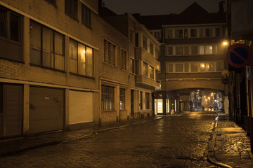 Night street in rainy weather in Ostend, Belgium