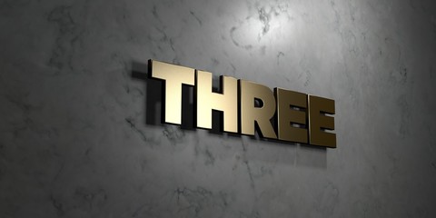 Three - Gold sign mounted on glossy marble wall  - 3D rendered royalty free stock illustration. This image can be used for an online website banner ad or a print postcard.