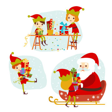 Elves Santa's helpers cartoon vector illustration. Set of Santa Claus elf christmas kids for congratulation card, website, celebration, booklet and banner.