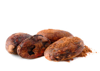 pile of cocoa beans isolated on white.