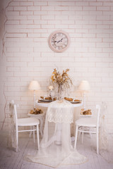 Fototapeta na wymiar Christmas day interior design of white dining room.
