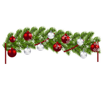 Christmas decoration. Green branches of a Christmas tree with red and silver balls and snowflakes on a white background. New Year decoration. illustration