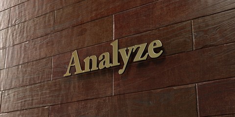 Analyze - Bronze plaque mounted on maple wood wall  - 3D rendered royalty free stock picture. This image can be used for an online website banner ad or a print postcard.