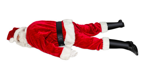 classic red white Santa Claus with burnout stress syndrom lying on the floor christmas xmas...
