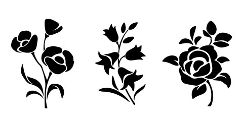 Three vector black silhouettes of flowers isolated on a white background.