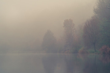 Fototapeta na wymiar On the bank of a river in the fog in autumn