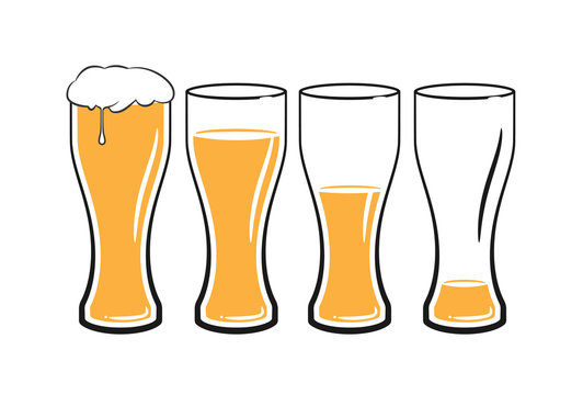 set of beer glasses with light beer on white background