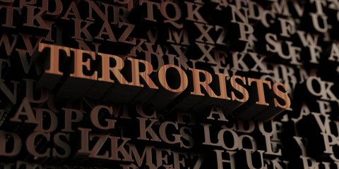 Terrorists - Wooden 3D rendered letters/message.  Can be used for an online banner ad or a print postcard.