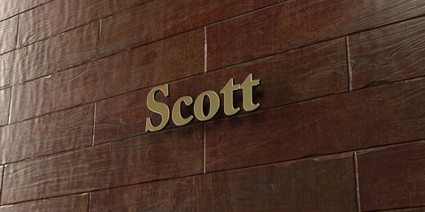 Scott - Bronze plaque mounted on maple wood wall  - 3D rendered royalty free stock picture. This image can be used for an online website banner ad or a print postcard.