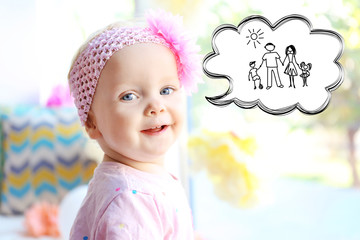 Cute little girl dreaming of happy family. Adoption, custody and childcare concept.