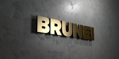 Brunei - Gold sign mounted on glossy marble wall  - 3D rendered royalty free stock illustration. This image can be used for an online website banner ad or a print postcard.