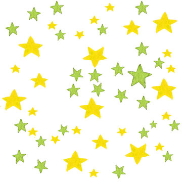 Yellow watercolor stars background. Watercolor illustration for greeting card, sticker, poster, banner. Isolated on white background.