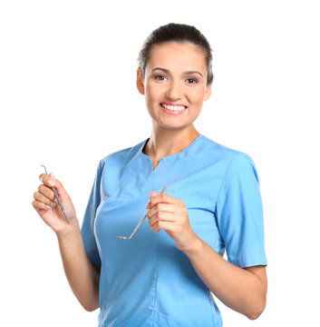 Female Dentist With Tools Isolated On White