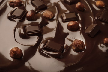Delicious melted pieces of chocolate bar with hazelnuts, closeup