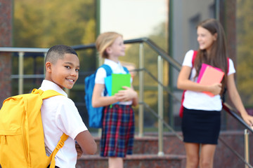 Cheerful teenagers with backpacks and notebooks standing on school stairs