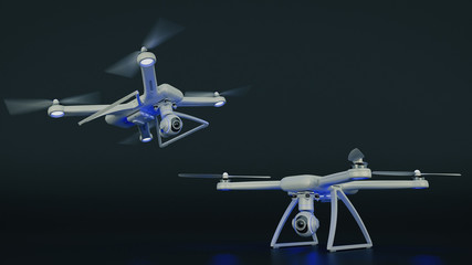 Fototapeta na wymiar drone, quadrocopter, with photo camera flying in the blue sky. 3d rendering