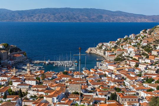 Panoramic views of Hydra island, Greece, Aegean sea.
