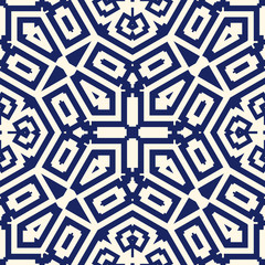 Seamless pattern with symmetric geometric ornament. Navy color abstract background.