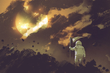 Fototapeta premium astronaut with a flag standing on mountain against a cloudy sky and a sun,illustration painting
