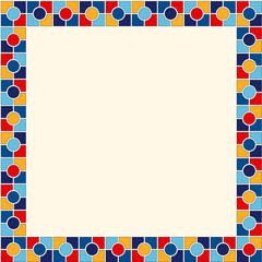 Decorative square frame with abstract geometric ornament on white background. Bright ethnic border.