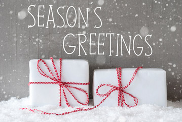 Two Gifts With Snowflakes, Text Seasons Greetings