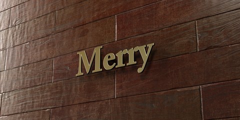 Merry - Bronze plaque mounted on maple wood wall  - 3D rendered royalty free stock picture. This image can be used for an online website banner ad or a print postcard.