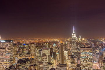 Night view of New York Manhattan during sunset