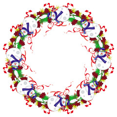 Round Christmas garland with happy snowman in funny hat and scarf. 