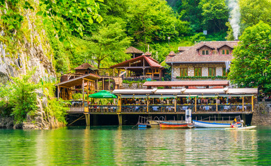 Restaurant and saint andrea monastery situated near dam of matka lake in macedonia.