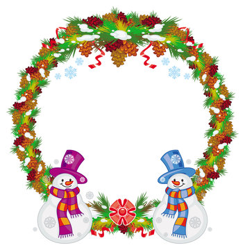 Round Christmas garland with happy snowman in funny hat and scarf. 