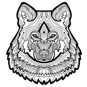 Strong wolf is drawn by hand with ink. Coloring page for adults. Coloring antistress. Element for your design. For tattoo and other design.