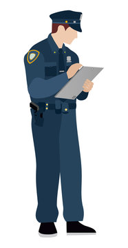 Policeman on a white background. Flat. Police officer fills in the information on the tablet