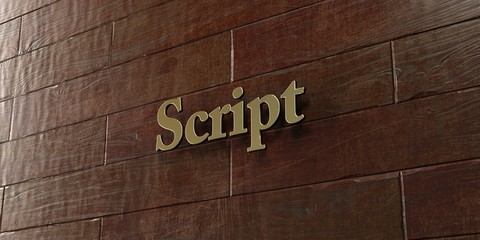 Script - Bronze plaque mounted on maple wood wall  - 3D rendered royalty free stock picture. This image can be used for an online website banner ad or a print postcard.