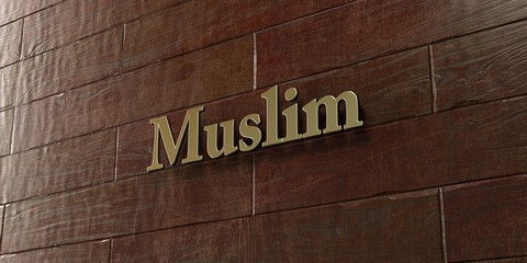 Muslim - Bronze plaque mounted on maple wood wall  - 3D rendered royalty free stock picture. This image can be used for an online website banner ad or a print postcard.