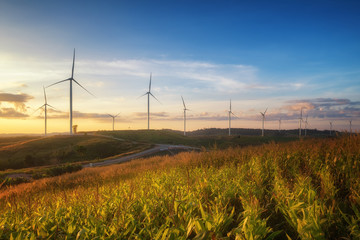 Windmills for electric power production on mountain at sunset.